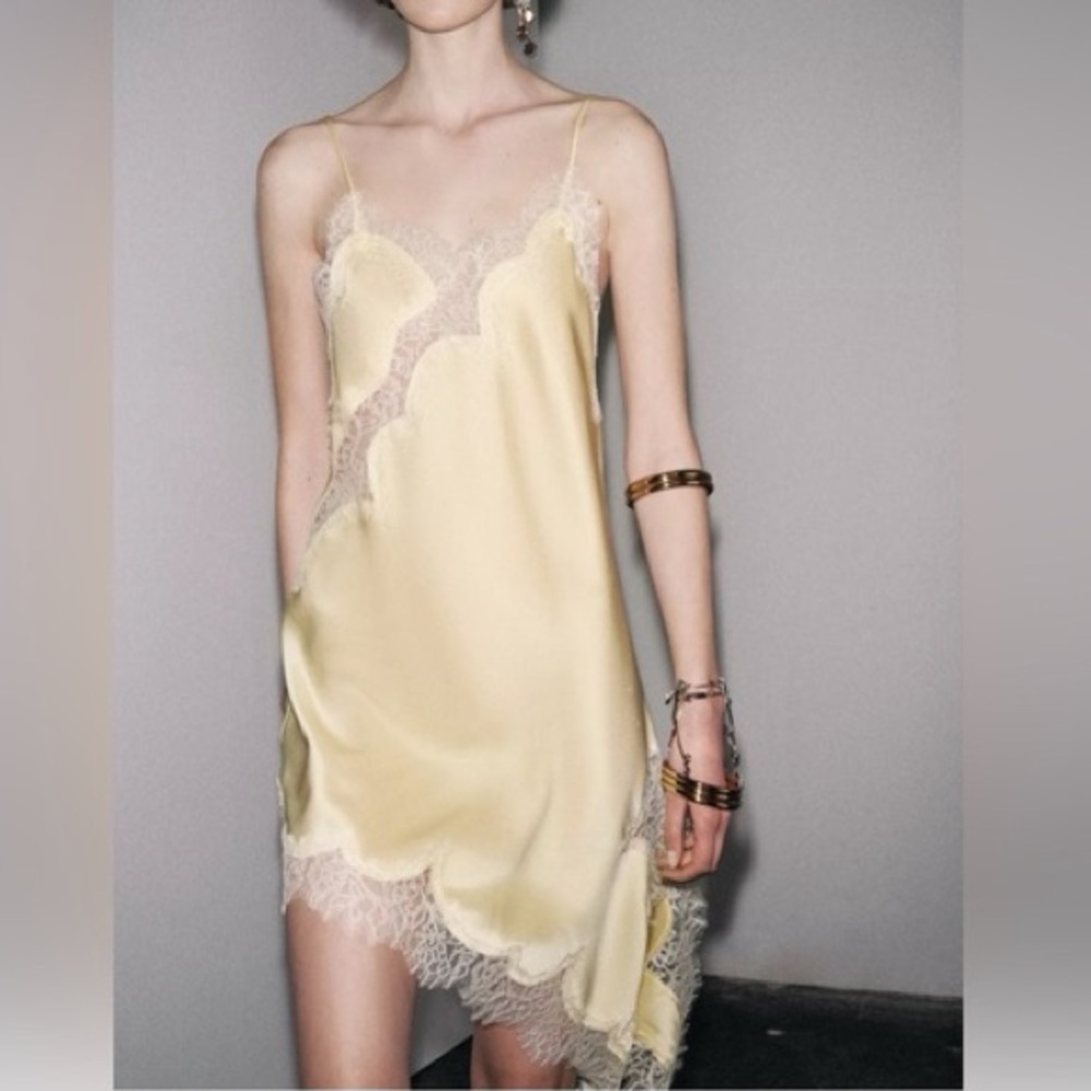 Asymmetrical Lace Trim Satin Slip Dress